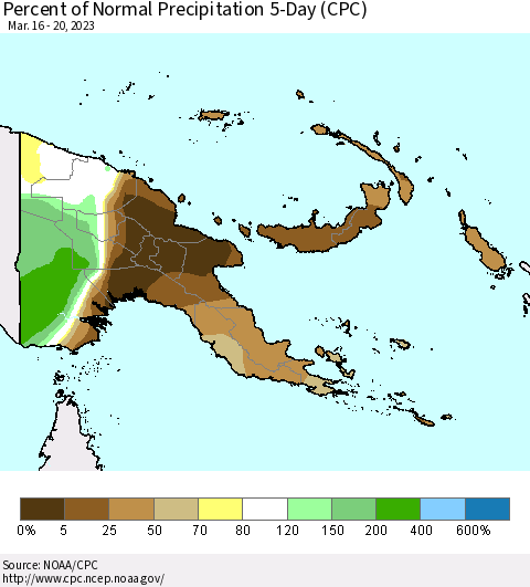 Papua New Guinea Percent of Normal Precipitation 5-Day (CPC) Thematic Map For 3/16/2023 - 3/20/2023