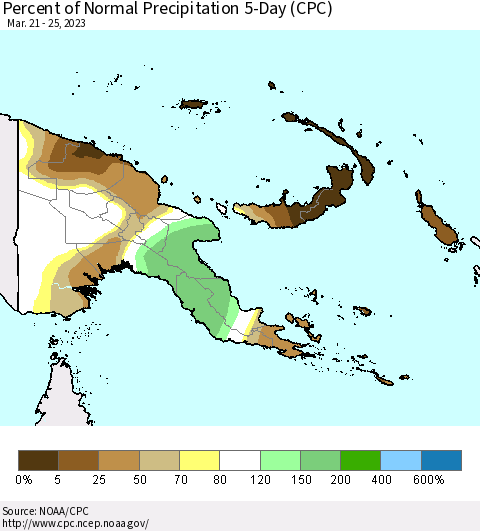 Papua New Guinea Percent of Normal Precipitation 5-Day (CPC) Thematic Map For 3/21/2023 - 3/25/2023