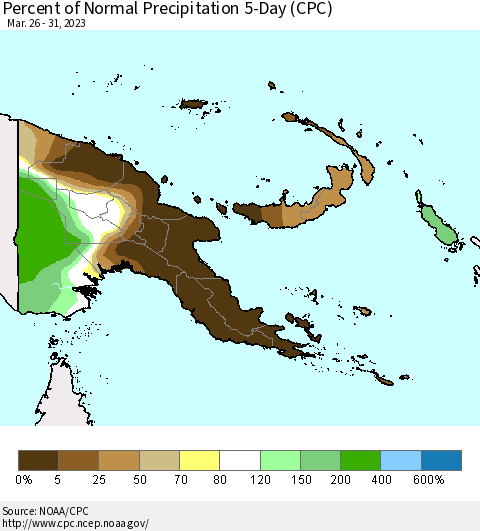 Papua New Guinea Percent of Normal Precipitation 5-Day (CPC) Thematic Map For 3/26/2023 - 3/31/2023