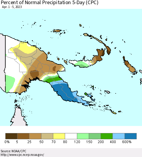 Papua New Guinea Percent of Normal Precipitation 5-Day (CPC) Thematic Map For 4/1/2023 - 4/5/2023