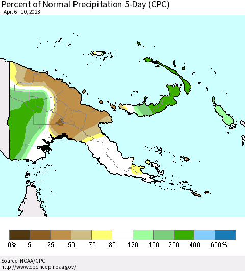 Papua New Guinea Percent of Normal Precipitation 5-Day (CPC) Thematic Map For 4/6/2023 - 4/10/2023