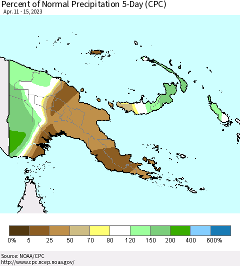 Papua New Guinea Percent of Normal Precipitation 5-Day (CPC) Thematic Map For 4/11/2023 - 4/15/2023