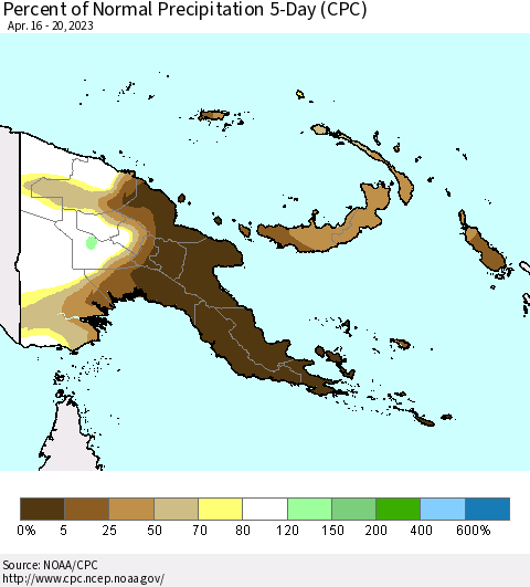 Papua New Guinea Percent of Normal Precipitation 5-Day (CPC) Thematic Map For 4/16/2023 - 4/20/2023