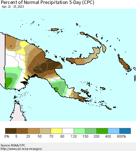 Papua New Guinea Percent of Normal Precipitation 5-Day (CPC) Thematic Map For 4/21/2023 - 4/25/2023