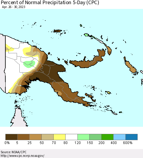 Papua New Guinea Percent of Normal Precipitation 5-Day (CPC) Thematic Map For 4/26/2023 - 4/30/2023