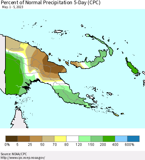 Papua New Guinea Percent of Normal Precipitation 5-Day (CPC) Thematic Map For 5/1/2023 - 5/5/2023