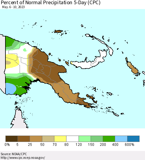 Papua New Guinea Percent of Normal Precipitation 5-Day (CPC) Thematic Map For 5/6/2023 - 5/10/2023