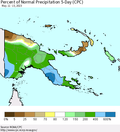 Papua New Guinea Percent of Normal Precipitation 5-Day (CPC) Thematic Map For 5/11/2023 - 5/15/2023