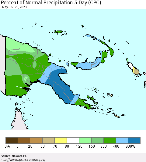 Papua New Guinea Percent of Normal Precipitation 5-Day (CPC) Thematic Map For 5/16/2023 - 5/20/2023