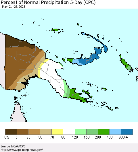 Papua New Guinea Percent of Normal Precipitation 5-Day (CPC) Thematic Map For 5/21/2023 - 5/25/2023