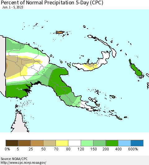Papua New Guinea Percent of Normal Precipitation 5-Day (CPC) Thematic Map For 6/1/2023 - 6/5/2023