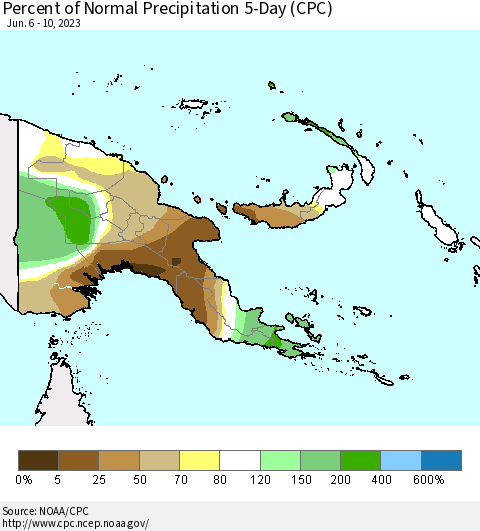 Papua New Guinea Percent of Normal Precipitation 5-Day (CPC) Thematic Map For 6/6/2023 - 6/10/2023