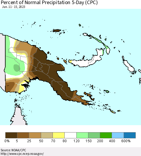 Papua New Guinea Percent of Normal Precipitation 5-Day (CPC) Thematic Map For 6/11/2023 - 6/15/2023