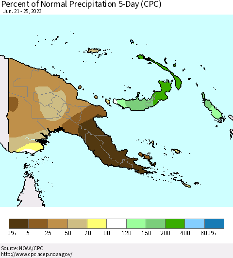 Papua New Guinea Percent of Normal Precipitation 5-Day (CPC) Thematic Map For 6/21/2023 - 6/25/2023