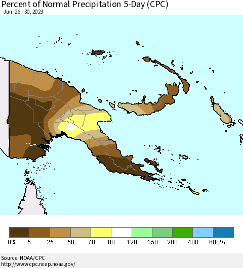 Papua New Guinea Percent of Normal Precipitation 5-Day (CPC) Thematic Map For 6/26/2023 - 6/30/2023