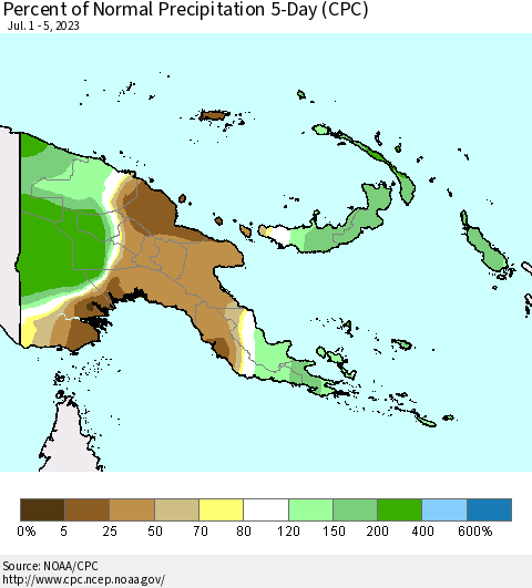 Papua New Guinea Percent of Normal Precipitation 5-Day (CPC) Thematic Map For 7/1/2023 - 7/5/2023