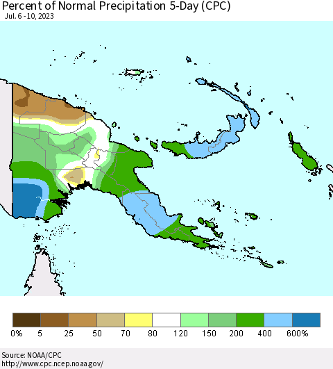 Papua New Guinea Percent of Normal Precipitation 5-Day (CPC) Thematic Map For 7/6/2023 - 7/10/2023