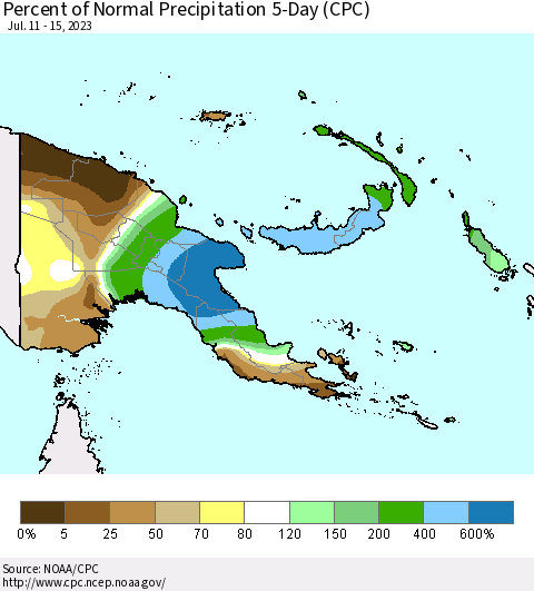 Papua New Guinea Percent of Normal Precipitation 5-Day (CPC) Thematic Map For 7/11/2023 - 7/15/2023