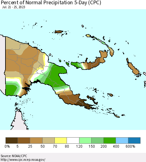 Papua New Guinea Percent of Normal Precipitation 5-Day (CPC) Thematic Map For 7/21/2023 - 7/25/2023