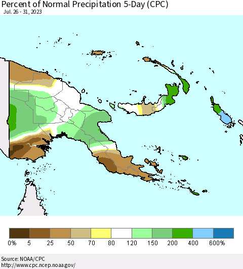 Papua New Guinea Percent of Normal Precipitation 5-Day (CPC) Thematic Map For 7/26/2023 - 7/31/2023