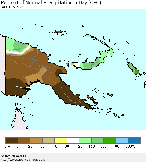 Papua New Guinea Percent of Normal Precipitation 5-Day (CPC) Thematic Map For 8/1/2023 - 8/5/2023