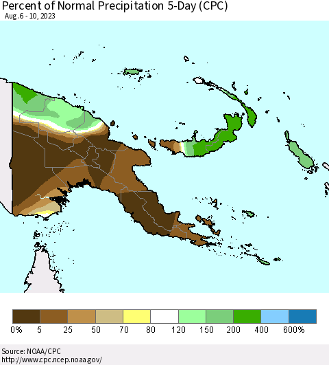 Papua New Guinea Percent of Normal Precipitation 5-Day (CPC) Thematic Map For 8/6/2023 - 8/10/2023