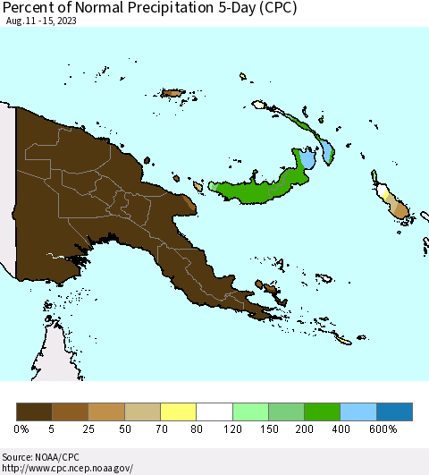 Papua New Guinea Percent of Normal Precipitation 5-Day (CPC) Thematic Map For 8/11/2023 - 8/15/2023