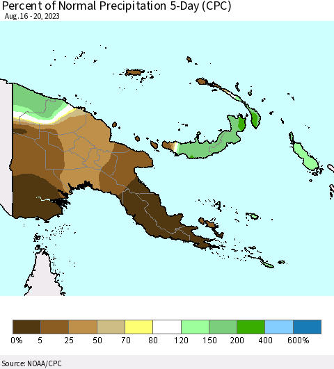 Papua New Guinea Percent of Normal Precipitation 5-Day (CPC) Thematic Map For 8/16/2023 - 8/20/2023