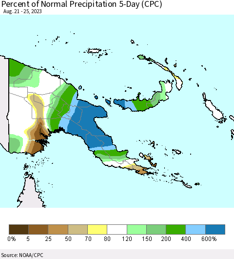 Papua New Guinea Percent of Normal Precipitation 5-Day (CPC) Thematic Map For 8/21/2023 - 8/25/2023
