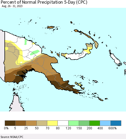 Papua New Guinea Percent of Normal Precipitation 5-Day (CPC) Thematic Map For 8/26/2023 - 8/31/2023