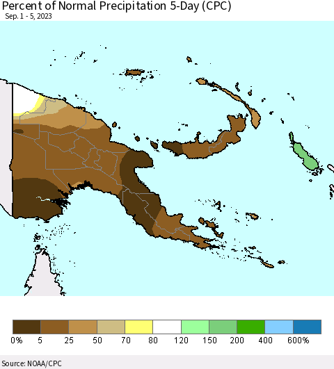 Papua New Guinea Percent of Normal Precipitation 5-Day (CPC) Thematic Map For 9/1/2023 - 9/5/2023