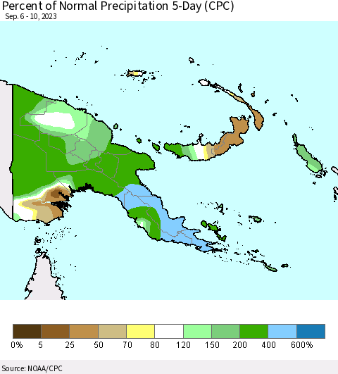 Papua New Guinea Percent of Normal Precipitation 5-Day (CPC) Thematic Map For 9/6/2023 - 9/10/2023