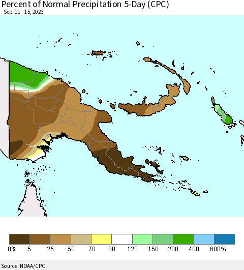 Papua New Guinea Percent of Normal Precipitation 5-Day (CPC) Thematic Map For 9/11/2023 - 9/15/2023