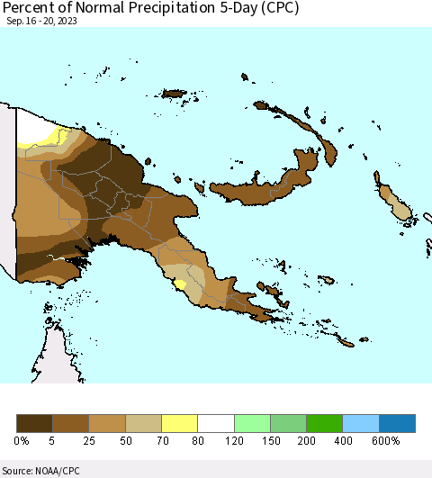 Papua New Guinea Percent of Normal Precipitation 5-Day (CPC) Thematic Map For 9/16/2023 - 9/20/2023
