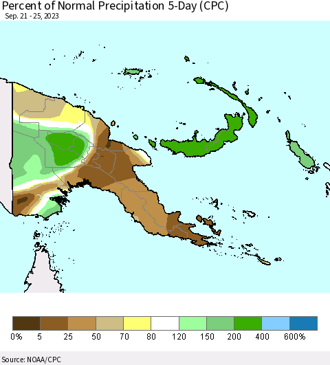 Papua New Guinea Percent of Normal Precipitation 5-Day (CPC) Thematic Map For 9/21/2023 - 9/25/2023
