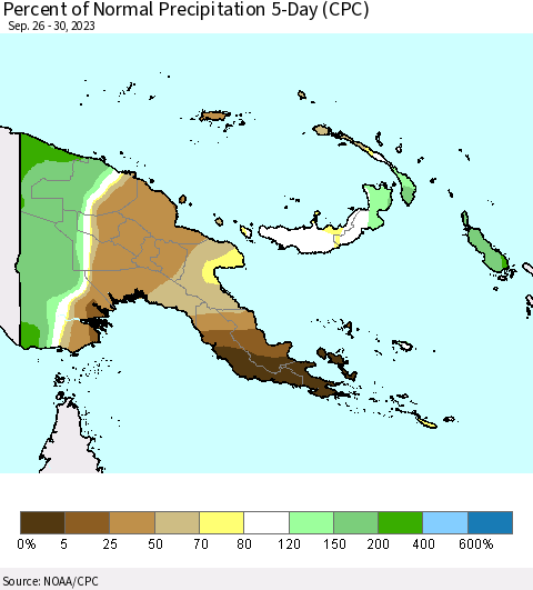 Papua New Guinea Percent of Normal Precipitation 5-Day (CPC) Thematic Map For 9/26/2023 - 9/30/2023
