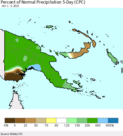 Papua New Guinea Percent of Normal Precipitation 5-Day (CPC) Thematic Map For 10/1/2023 - 10/5/2023