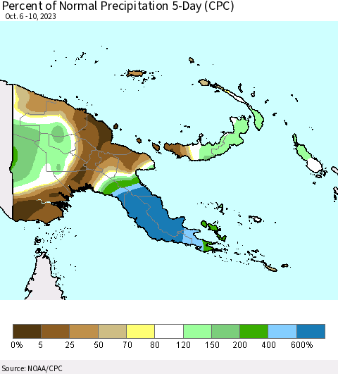 Papua New Guinea Percent of Normal Precipitation 5-Day (CPC) Thematic Map For 10/6/2023 - 10/10/2023