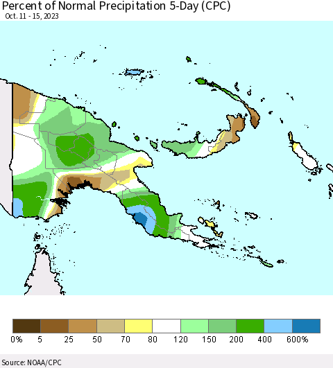Papua New Guinea Percent of Normal Precipitation 5-Day (CPC) Thematic Map For 10/11/2023 - 10/15/2023