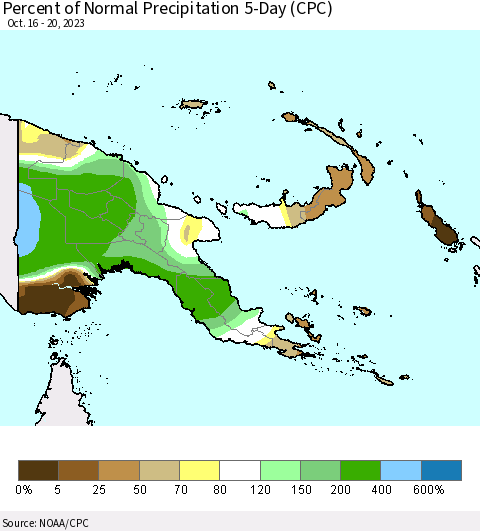Papua New Guinea Percent of Normal Precipitation 5-Day (CPC) Thematic Map For 10/16/2023 - 10/20/2023