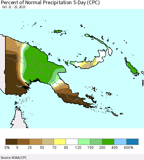 Papua New Guinea Percent of Normal Precipitation 5-Day (CPC) Thematic Map For 10/21/2023 - 10/25/2023