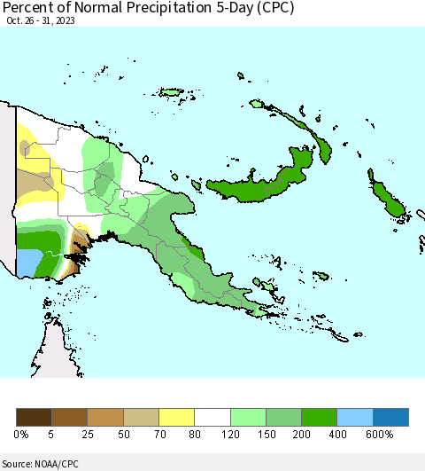 Papua New Guinea Percent of Normal Precipitation 5-Day (CPC) Thematic Map For 10/26/2023 - 10/31/2023