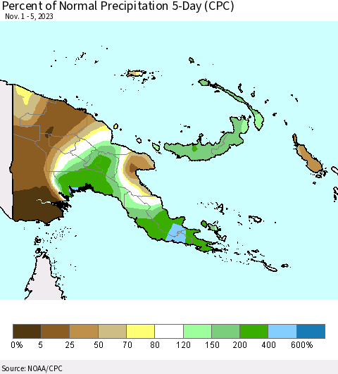 Papua New Guinea Percent of Normal Precipitation 5-Day (CPC) Thematic Map For 11/1/2023 - 11/5/2023