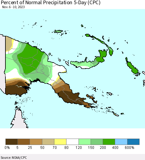Papua New Guinea Percent of Normal Precipitation 5-Day (CPC) Thematic Map For 11/6/2023 - 11/10/2023
