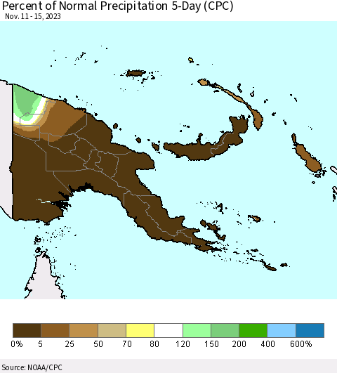 Papua New Guinea Percent of Normal Precipitation 5-Day (CPC) Thematic Map For 11/11/2023 - 11/15/2023