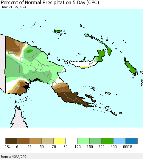 Papua New Guinea Percent of Normal Precipitation 5-Day (CPC) Thematic Map For 11/21/2023 - 11/25/2023