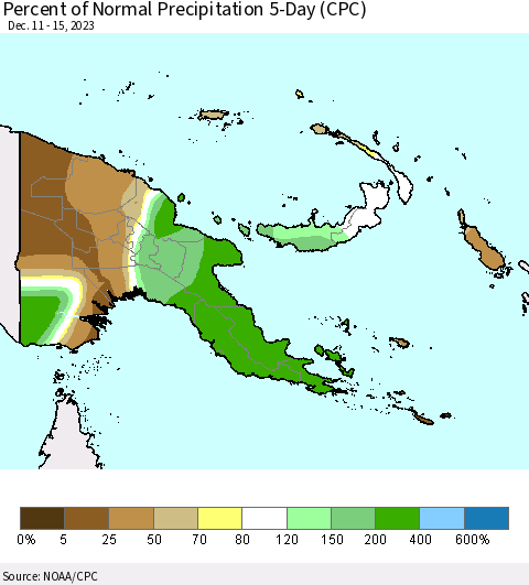 Papua New Guinea Percent of Normal Precipitation 5-Day (CPC) Thematic Map For 12/11/2023 - 12/15/2023