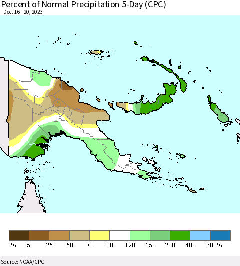 Papua New Guinea Percent of Normal Precipitation 5-Day (CPC) Thematic Map For 12/16/2023 - 12/20/2023