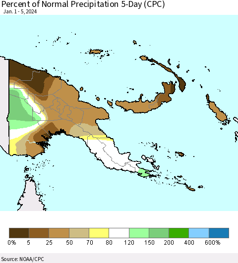Papua New Guinea Percent of Normal Precipitation 5-Day (CPC) Thematic Map For 1/1/2024 - 1/5/2024