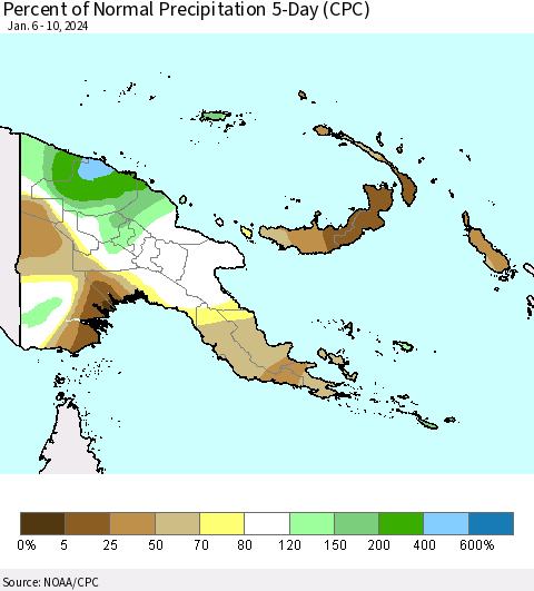 Papua New Guinea Percent of Normal Precipitation 5-Day (CPC) Thematic Map For 1/6/2024 - 1/10/2024